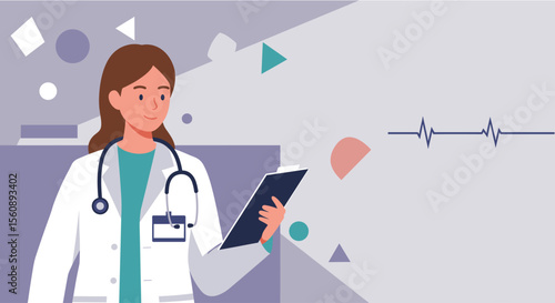 An illustrated female doctor in a white coat examines a medical chart, with a stethoscope around her neck, and a heartbeat line in the background, for a presentation.