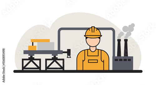 Modern flat design illustration of a factory worker in a hard hat overseeing industrial production on a manufacturing line.