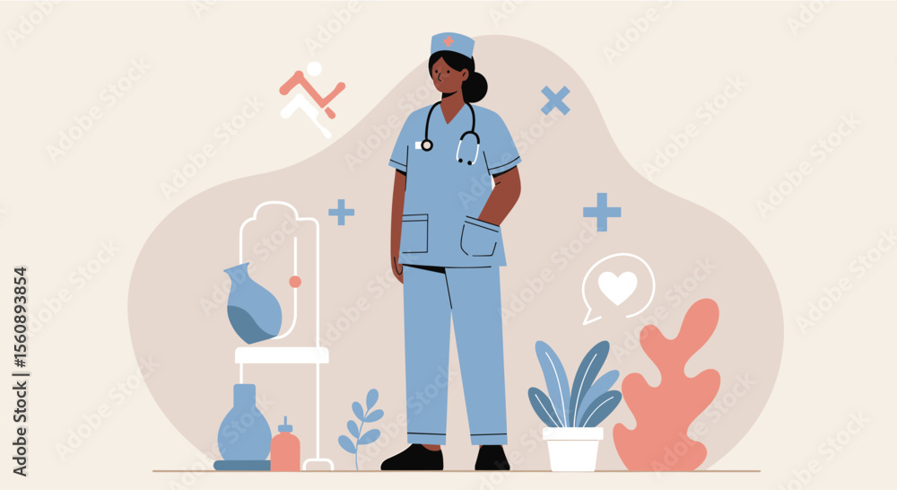 An illustrated nurse stands confidently in a medical environment, representing healthcare, compassion, and professional dedication with a flat design suitable for various applications. An illustrated nurse stands confidently in a medical environment, representing healthcare, compassion, and professional dedication with a flat design suitable for various applications.