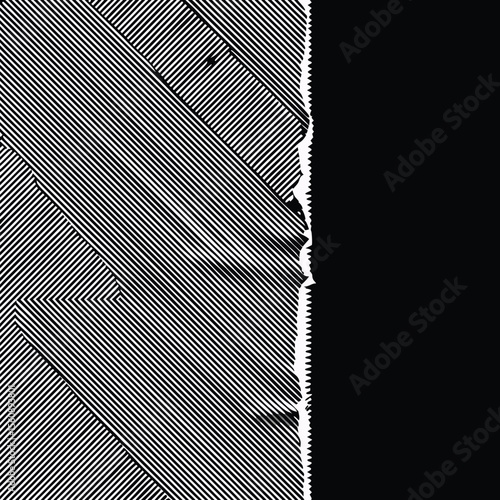 Abstract geometric pattern with diagonal lines and ripped edge in black and white