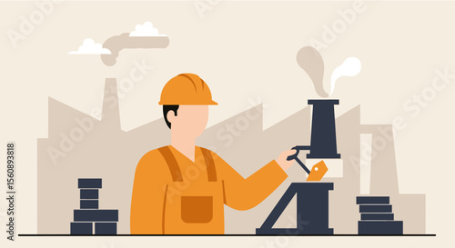 An illustrated flat design depicts a factory worker in an orange uniform and hard hat operating machinery in an industrial manufacturing environment with smokestacks and clouds in the background.