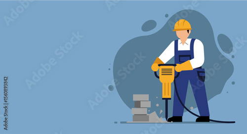 a construction worker wearing a hard hat and safety gear, using a jackhammer to break bricks. Suitable for landing page, banner, marketing, web design, presentation, infographic, etc.