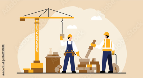 A vibrant flat design illustration showcasing construction workers collaborating on a project with a crane, suitable for a website landing page or marketing banner.
