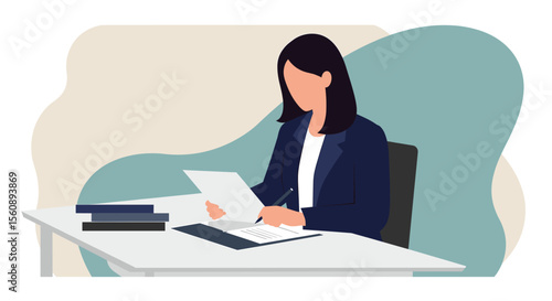 a woman seated at a desk, focused on writing or signing a document, with a stack of books beside her. Suitable for landing page, banner, marketing, web design, presentation, infographic, etc.