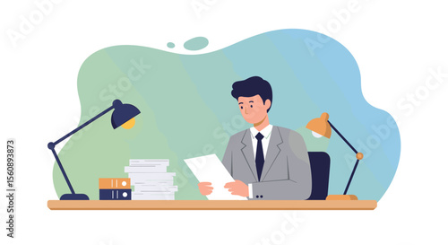 a man in a suit sitting at a desk, reading a document, with two lamps and a stack of papers in front of him. Suitable for landing page, banner, marketing, web design, presentation, infographic, etc.