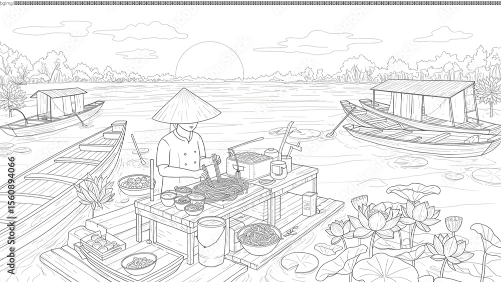 Serene Asian River Scene Line Art Illustration of Boats, Vendor, and Lotus Flowers Serene Asian River Scene Line Art Illustration of Boats, Vendor, and Lotus Flowers