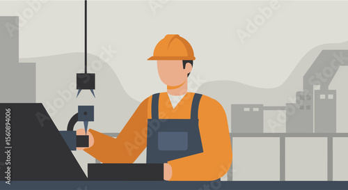 A flat design illustration showcasing a factory worker overseeing robotic automation, symbolizing modern industrial technology for use in marketing materials and website landing pages.