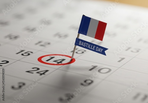 A small french flag marks july 14th on a calendar, indicating bastille day