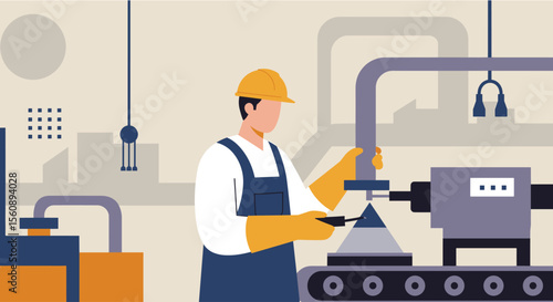 a worker in a factory setting, wearing a hard hat and safety gear, operating a machine with a conveyor belt. Suitable for landing page, banner, marketing, web design, presentation, infographic, etc.