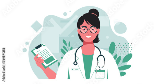 A smiling female medical professional with a stethoscope and clipboard, depicted in a modern flat design illustration for healthcare concepts.