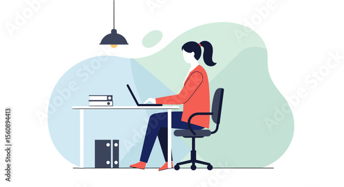 a woman sitting at a desk, working on a laptop, with a lamp hanging above her and a stack of books beside her. Suitable for landing page, banner, marketing, web design, presentation, infographic, etc.