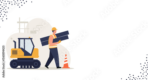 An illustration depicts a construction worker carrying steel beams near a yellow excavator and a traffic cone, perfect for a presentation or web design project.