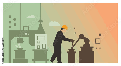 A factory worker in a hard hat oversees an automated robotic arm assembling products in a modern manufacturing plant, presented in a clean, flat design style for web banners.