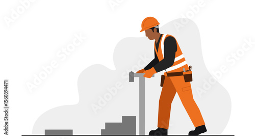 Skilled construction worker in a hard hat and safety vest building stairs on a modern landing page with flat design elements.
