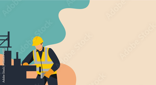Flat design illustration of a worker using a drill on an oil rig, perfect for landing page banners, marketing presentations, and web design projects needing a modern, clean aesthetic.