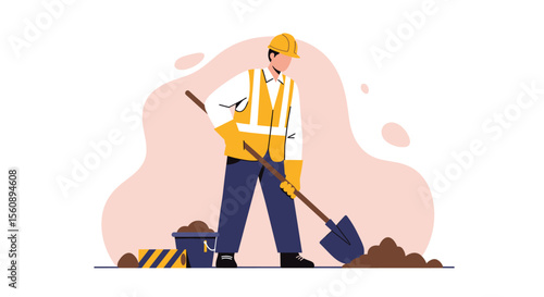 Flat design illustration of a construction worker using a shovel, perfect for landing pages, banners, marketing materials, and presentations needing a construction or industry theme.