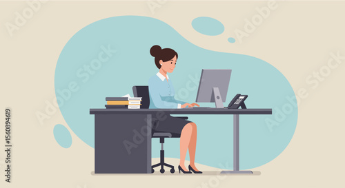 a woman sitting at a desk, working on a computer with a phone and a stack of books beside her. Suitable for landing page, banner, marketing, web design, presentation, infographic, etc.