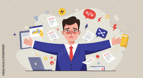 A tired businessman is overwhelmed by a chaotic workload and numerous digital tasks, depicted in a modern flat design illustration.