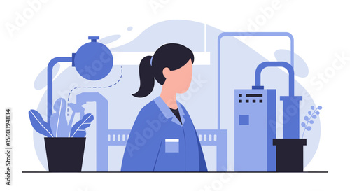 a woman in a blue lab coat standing in front of a laboratory setup with various equipment and plants. Suitable for landing page, banner, marketing, web design, presentation, infographic, etc.