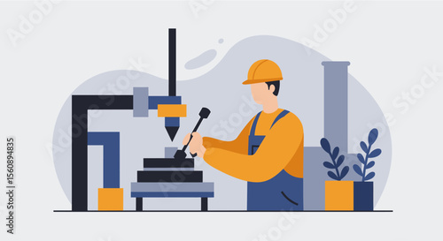 a worker in a hard hat and overalls operating a machine, with a backdrop of industrial elements and plants. Suitable for landing page, banner, marketing, web design, presentation, infographic, etc.
