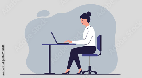 a woman sitting at a desk using a laptop, with a casual yet professional appearance. Suitable for landing page, banner, marketing, web design, presentation, infographic, etc.