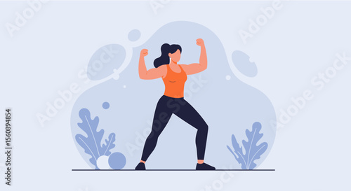 a woman in an orange tank top and black leggings flexing her muscles. Suitable for landing page, banner, marketing, web design, presentation, infographic, etc.