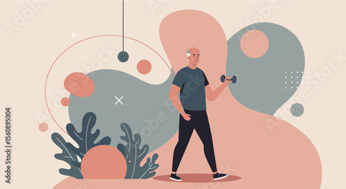 a man exercising with dumbbells, surrounded by abstract shapes and plants in shades of pink and blue. Suitable for landing page, banner, marketing, web design, presentation, infographic, etc.