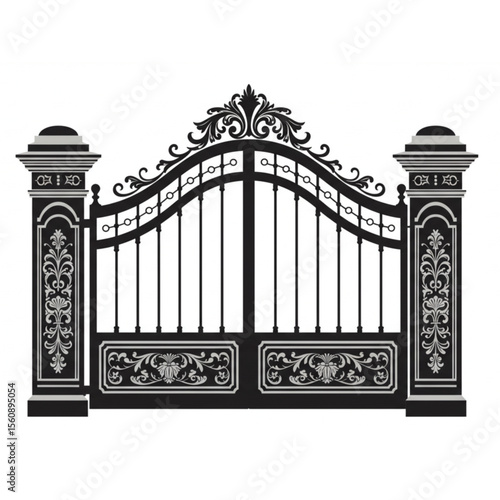 Ornate gateway design with wrought iron and floral elements, ideal for architecture projects or graphical ornamental applications.