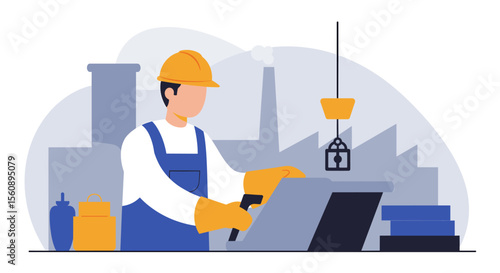 A construction worker wearing a yellow helmet and gloves is standing and working on a laptop in front of a factory, ideal for a marketing banner or landing page.
