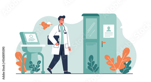 Modern flat illustration of a male doctor walking into a clinic room, perfect for medical marketing and web design.