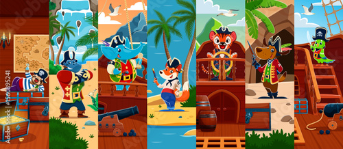 Cartoon funny animal pirates or corsairs characters collage. Cheerful sloth, gorilla, elephant and funny fox, tiger, dog and parrot animal pirate captain, sailor vector personages hunting treasures