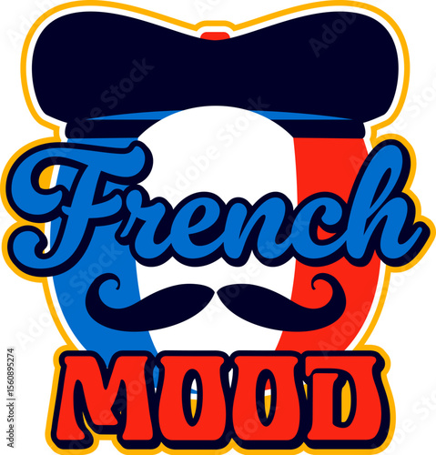 France french mood retro Y2K sticker or symbol. France flag colors 60s 70s vector patch, Europe country culture Y2K tag. French tourism label or sticker with beret cap, mustaches and typography