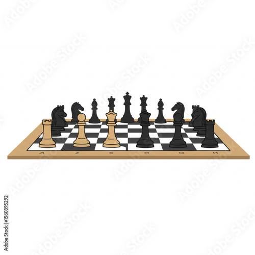 Chessboard set design showcases strategic game with pieces placed for play, ideal for board game promotion or educational materials.