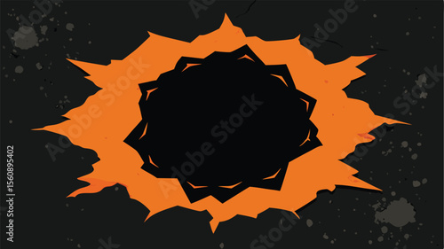 Abstract graphic of a hole torn through a surface with orange and black elements