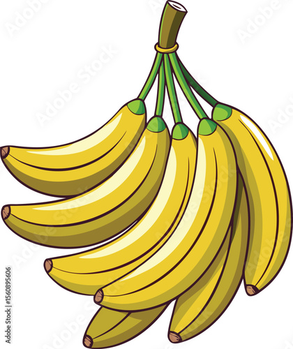 A vibrant bunch of ripe yellow bananas hanging from a green stem isolated on white background isolated on transparent background