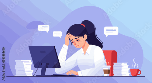 A stressed woman sits at her desk, surrounded by paperwork and digital notifications, illustrating the pressures of modern work and the challenges of marketing campaigns.