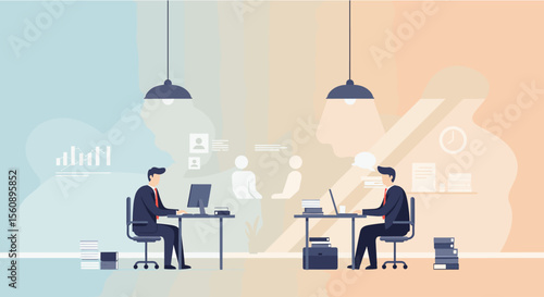 Two individuals are depicted in a modern office setting, each engaged in their work at a desk. Suitable for landing page, banner, marketing, web design, presentation, infographic, etc.