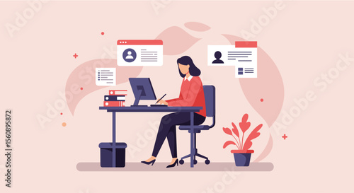 A woman works at her desk on a computer, surrounded by visual elements representing web design, user profiles, and data, suitable for a marketing banner.