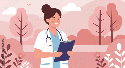 Smiling female doctor in a park holds a clipboard, perfect for healthcare websites, presentations, and marketing materials needing a friendly, approachable medical professional illustration in flat
