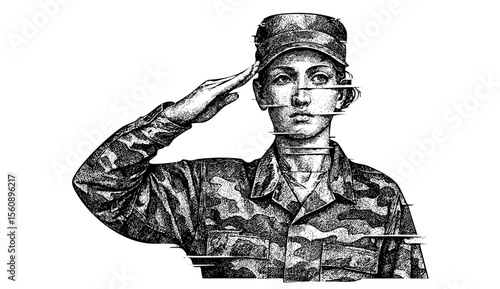 Glitched Soldier Saluting – Vintage Engraving Illustration – Vector and PNG Isolated on Transparent Background
