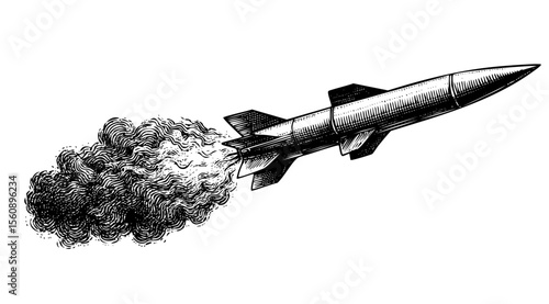 Rocket Missile with Smoke Trail – Vintage Engraving Illustration – Vector and PNG Isolated on Transparent Background
