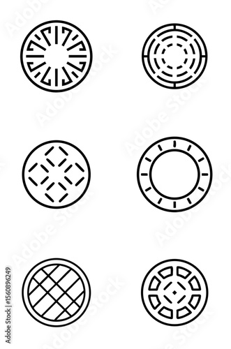 Round manhole covers with symmetrical geometric patterns in black and white, vector, icons set   