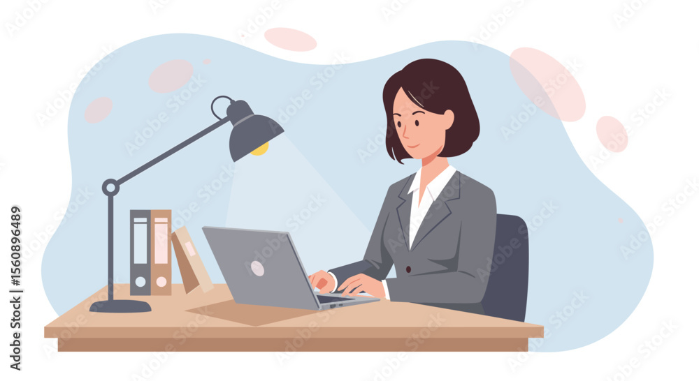 A woman in a business suit is sitting at a desk, working on a laptop with a lamp illuminating her workspace. Suitable for landing page, banner, marketing, web design, presentation, infographic, etc. A woman in a business suit is sitting at a desk, working on a laptop with a lamp illuminating her workspace. Suitable for landing page, banner, marketing, web design, presentation, infographic, etc.