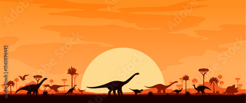 Jurassic era landscape with dinosaur silhouettes. Vector background with lush tropical trees beneath a golden sunset, mountains in the distance, silhouettes of majestic dino roaming across the horizon