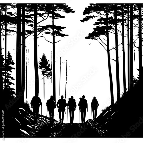 Group of trekkers walking through a hilly forest trail, layered nature silhouette