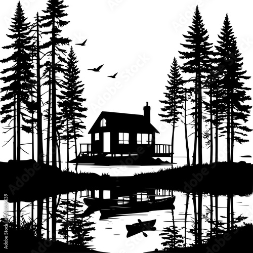 Forest cabin by a lake with canoe, surrounded by tall trees, vector silhouette style