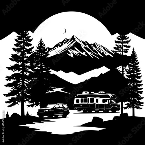  Mountain campsite scene with RV, trees, and distant snowy peaks in layered silhouette