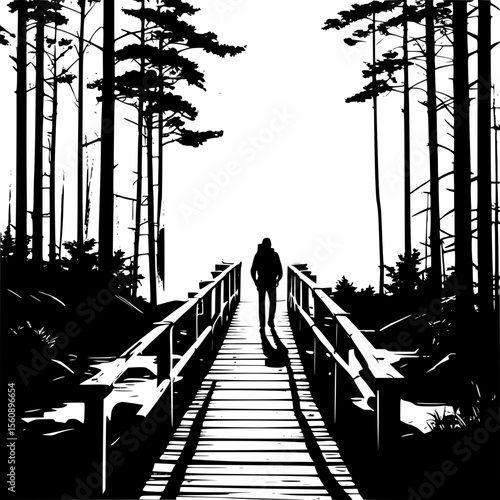 Adventure backpacker crossing a wooden bridge in forest landscape, vector silhouette