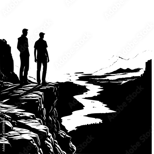  Man standing on a cliff edge overlooking a vast valley and river below, vector silhouette