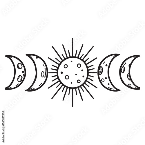 Celestial Harmony A Symbolic Dance of Sun and Moon Phases Illustrating Universal Balance and Cyclical Nature